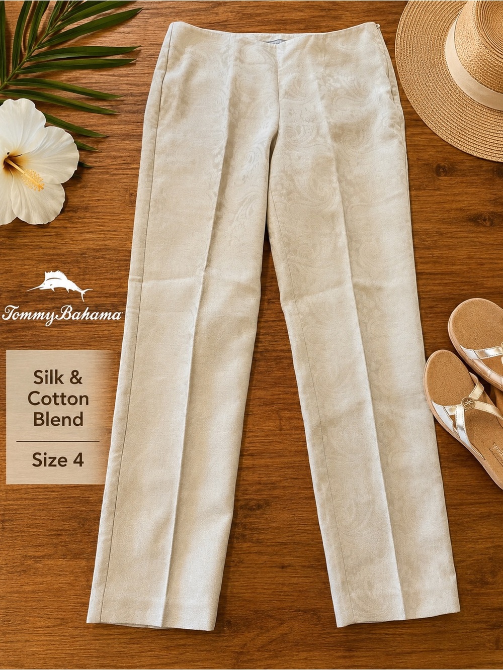 Tommy Bahama Gold Khaki Paisley Silk/cotton Pants Sz 4 (w)